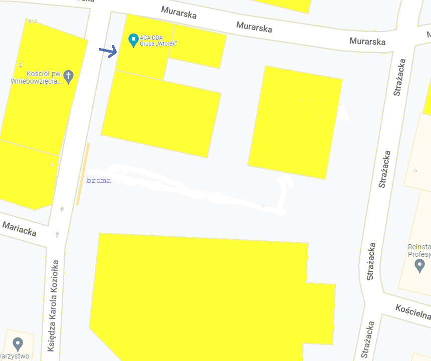 Mapa przedstawia schematycznie układ w budynkach przy ulicy ks. Koziołka